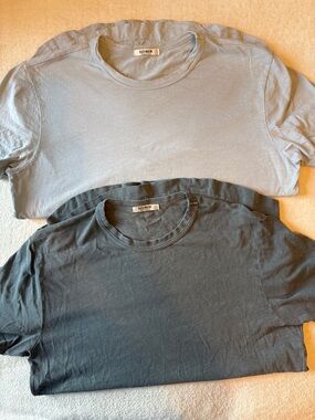 Buck Mason Men’s Small T-Shirt Bundle (2 Basic Crewnecks) Light Blue & Charcoal